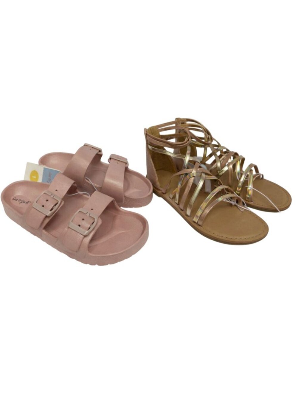 Cat & Jack Girl's Sandals Size 1 Pink Slides Metallic Strappy NEW Two Pair